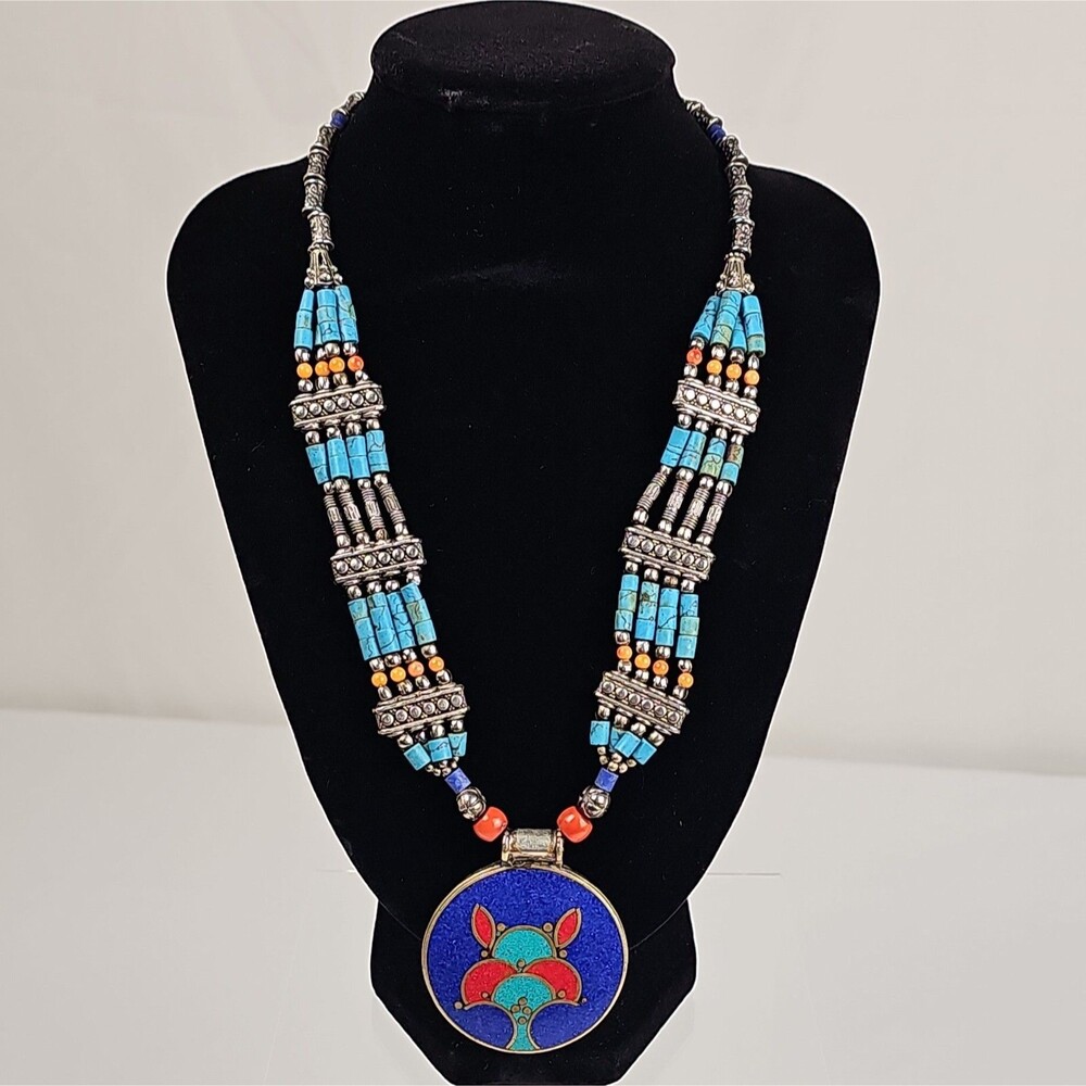 Vintage Tibetan Style Turquoise Color Beaded Cloisonne Pendant Necklace 16"